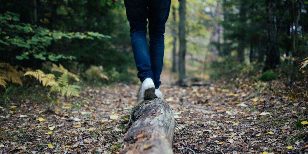 A person balancing while walking across a branch on the floor of a forest.