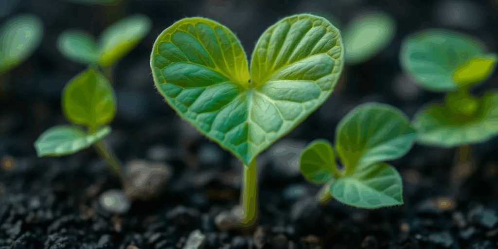 A small plant sprouting in the shape of a heart.