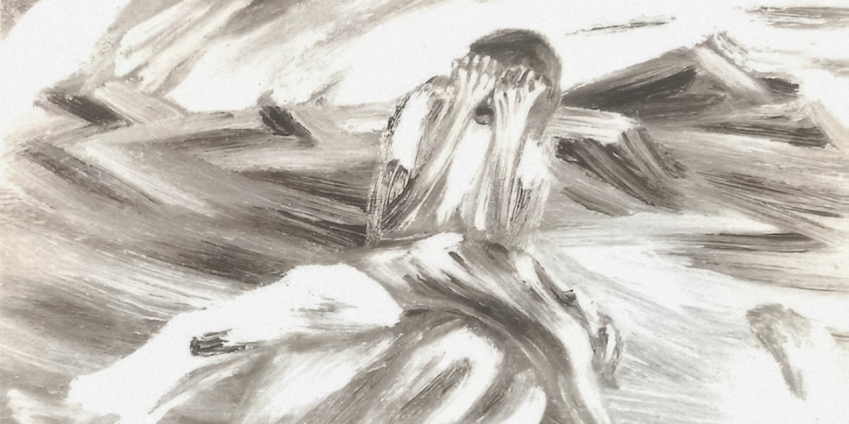 A somewhat abstract painting where a person is covering their face with their hands.