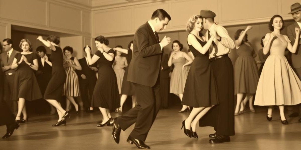 A bunch of people swing dancing in the 1940s.