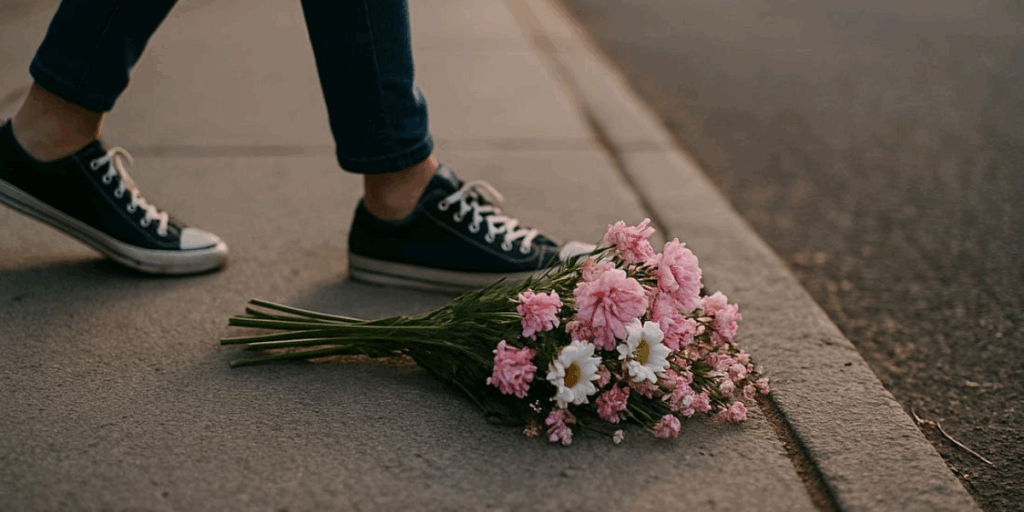 A bouquet of flowers on the ground with someone's feet in converse next to them.