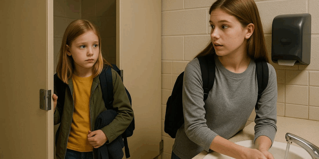Two younger girls with backpacks on in a bathroom washing their hands.