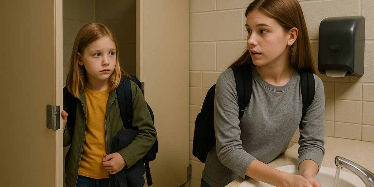 Two younger girls with backpacks on in a bathroom washing their hands.