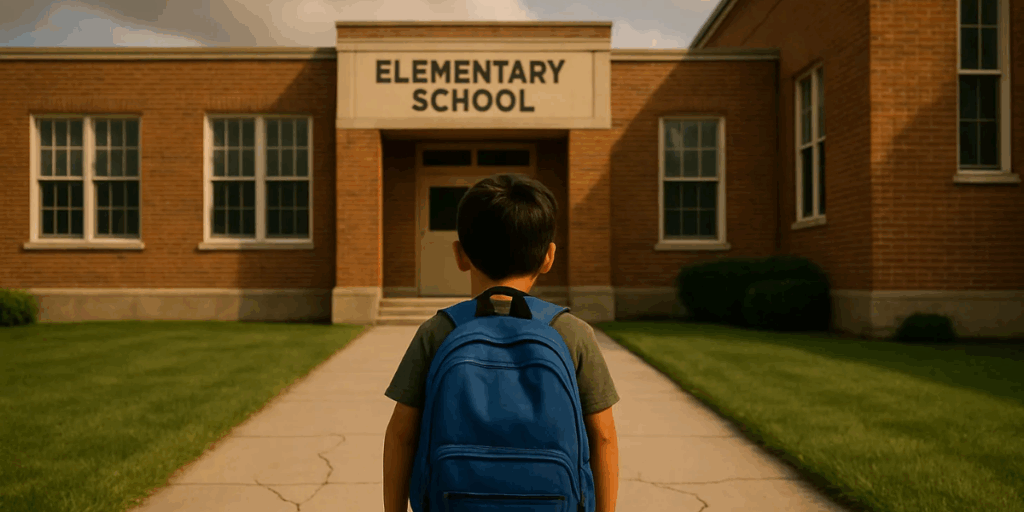 An AI image of a young child looking at his elementary school with his backpack on.