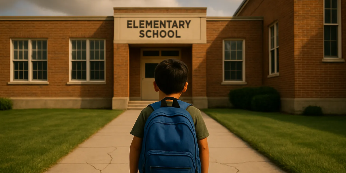 An AI image of a young child looking at his elementary school with his backpack on.