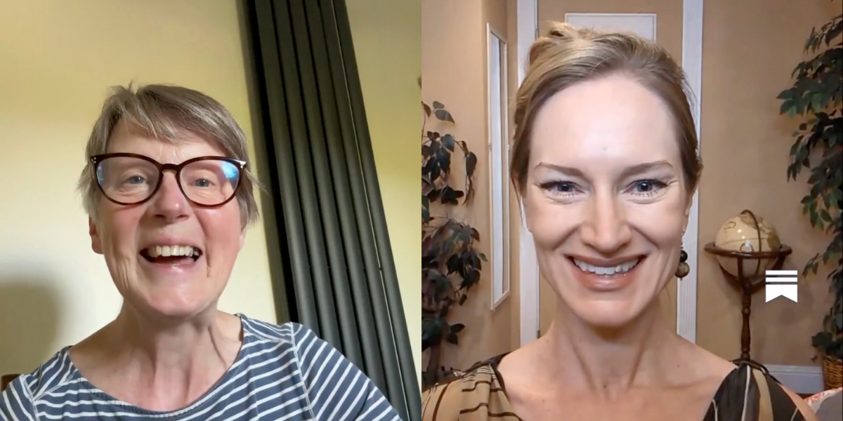 A still from Dr Deborah Vinall and Sue Reid's live video. They are both smiling.