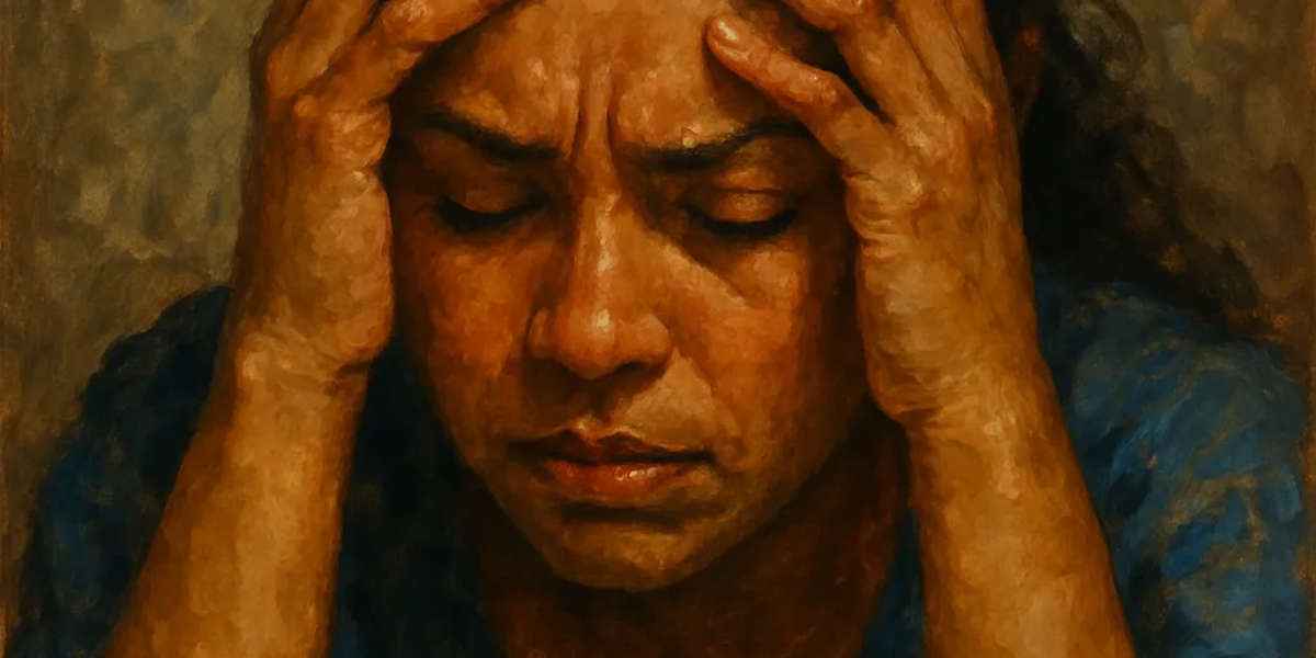 Painting of a woman holding her head with her hands, seemingly in distress.