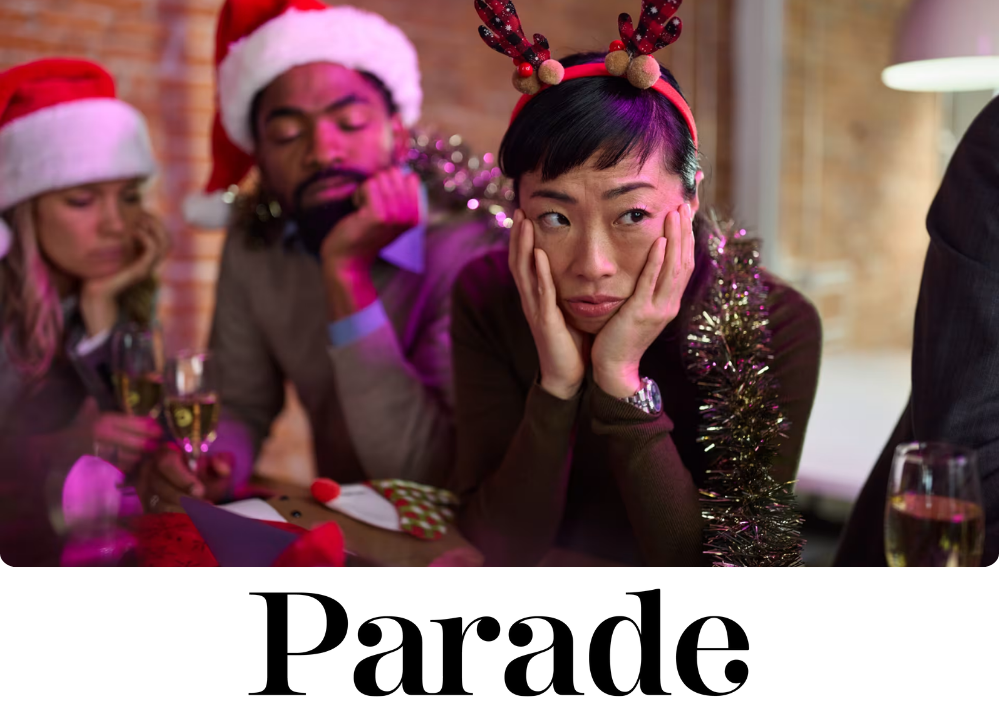 Stock Image of A lady in festive holiday attire looking upset.