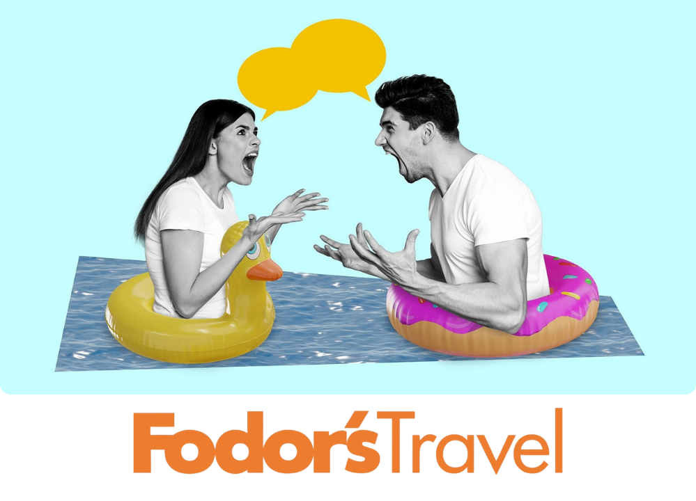 Stock Image of to people yelling at each other in pool floaties.